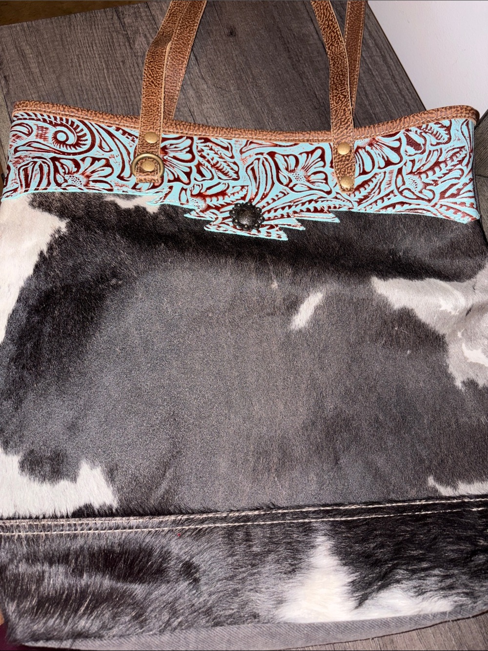Myra Bag Black & White Cowhide Tote with Turquoise Tooled Trim